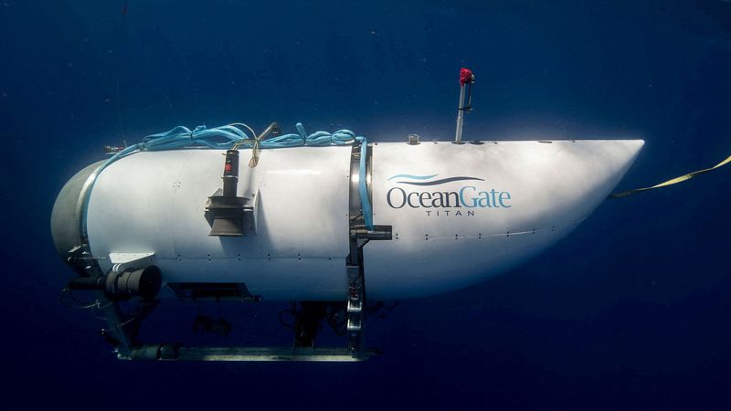 &copy; Reuters. غواصة (تيتان)، التي تشغلها شركة أوشن جيت إكسبيديشنز والتي فقدت بعد انطلاقها في رحلة استكشافية لحطام سفينة تايتانيك بقاع المحيط، في صورة غير 