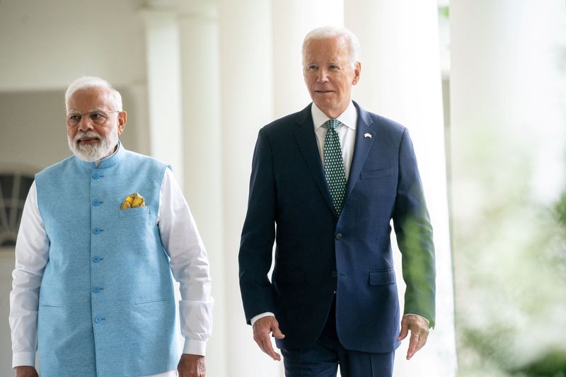 &copy; Reuters. U.S. President Joe Biden and India's Prime Minister Narendra Modi walk through the Colonnade to the Oval Office of the White House in Washington, DC, U.S., June 22, 2023.  Stefani Reynolds/Pool via REUTERS
