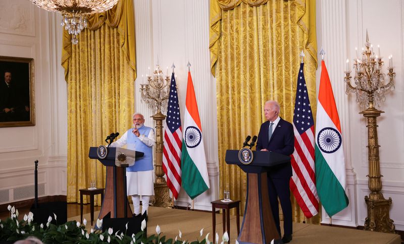 © Reuters. India’s Prime Minister Narendra Modi answers a question during a joint press conference with U.S. President Joe Biden at the White House in Washington, U.S., June 22, 2023. REUTERS/Evelyn Hockstein