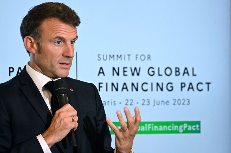 &copy; Reuters. French President Emmanuel Macron speaks during the Alliance for Entrepreneurship thematic, as part of the New Global Financial Pact Summit at the Palais Brongniart in Paris, France, June 22, 2023. Emmanuel Dunand/Pool via REUTERS
