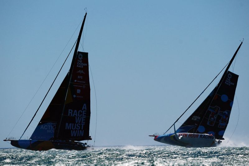 © Reuters. FILE PHOTO: Sailing - The Ocean Race - Leg 3 - Cape Town to Itajai - Cape Town, South Africa - February 26, 2023 Team Malizia and 11th Hour Racing Team in action during leg 3 REUTERS/Nic Bothma/File Photo
