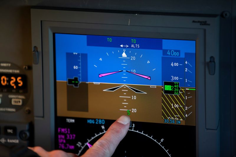 © Reuters. Robert Bryan, chief pilot at Eagle Aviation, points to a displayed altimeter reading while discussing the effect that new 5G wireless services can have on sensitive airplane electronics like radar altimeters at Columbia Metro airport in West Columbia, South Carolina, U.S., January 8, 2022. REUTERS/Sam Wolfe