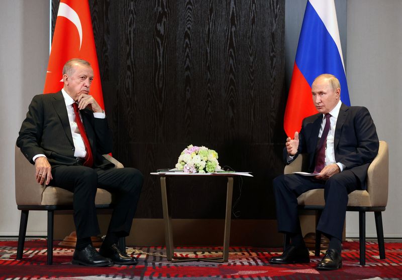 &copy; Reuters. الرئيس الروسي فلاديمير بوتين خلال اجتماع مع الرئيس التركي رجب طيب أردوغان في سمرقند بأوزبكستان يوم 16 سبتمبر أيلول 2022. صورة لرويترز من وكالة 