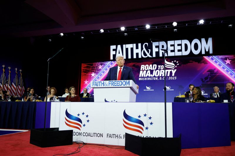 © Reuters. Former U.S. President Donald Trump addresses The Faith and Freedom Coalition's 2023 