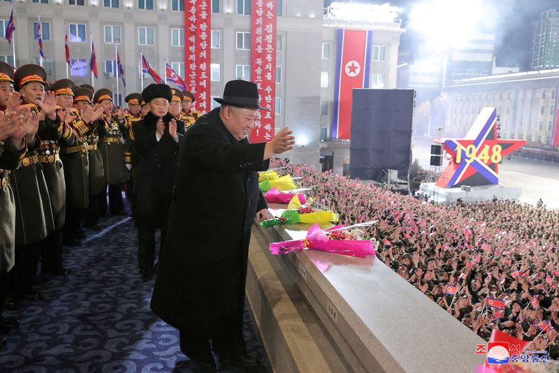 &copy; Reuters. FILE PHOTO: North Korean leader Kim Jong Un greets the crowd during a military parade to mark the 75th founding anniversary of North Korea's army, at Kim Il Sung Square in Pyongyang, North Korea February 8, 2023, in this photo released by North Korea's Ko