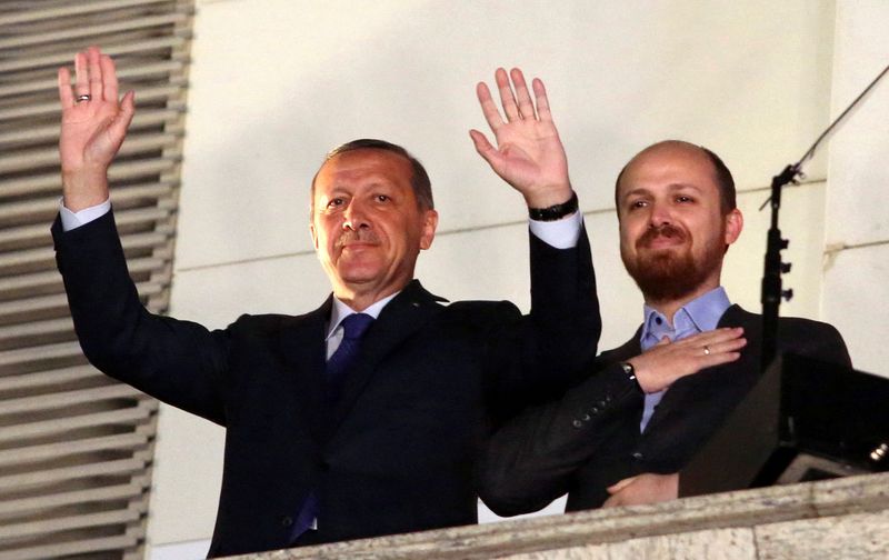 &copy; Reuters. FILE PHOTO: Turkish Prime Minister Tayyip Erdogan (L), accompanied by his son Bilal, greets his supporters at the AK Party headquarters in Ankara March 30, 2014. REUTERS/Stringer/File Photo