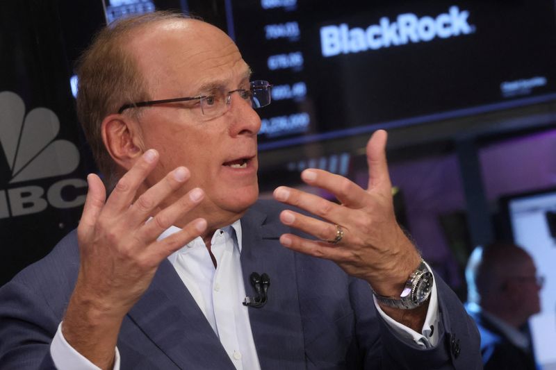&copy; Reuters. Larry Fink, Chairman and CEO of BlackRock, speaks during an interview with CNBC on the floor of the New York Stock Exchange (NYSE) in New York City, U.S., April 14, 2023.  REUTERS/Brendan McDermid/File Photo