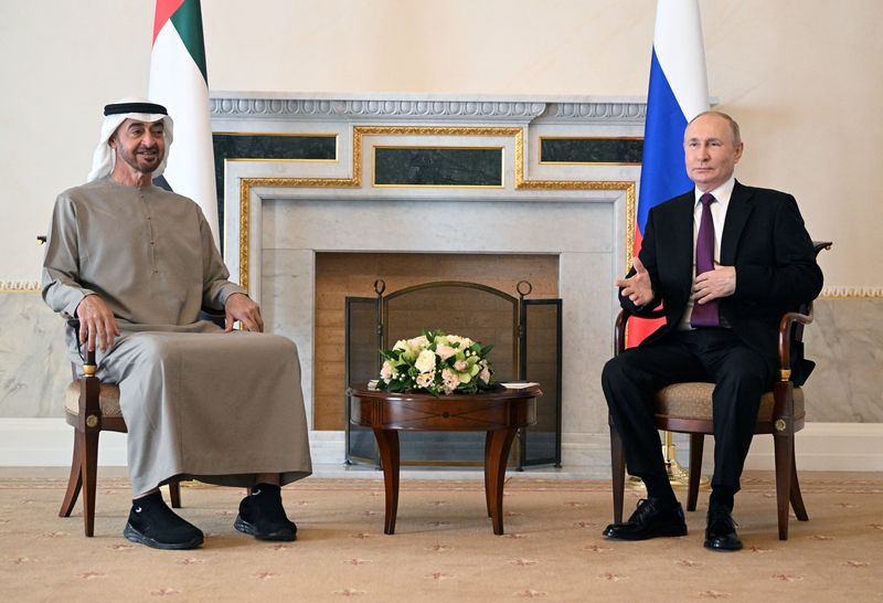 &copy; Reuters. الرئيسان الروسي فلاديمير بوتين خلال اجتماعه مع رئيس الإمارات الشيخ محمد بن زايد في سان بطرسبرج بروسيا يوم 11 أكتوبر تشرين الأول 2022 في صورة لر