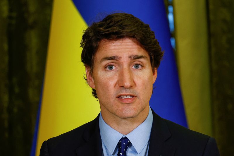 &copy; Reuters. FILE PHOTO: Canadian Prime Minister Justin Trudeau speaks during a joint press conference with Ukraine's President Volodymyr Zelenskiy, amid Russia's attack on Ukraine, in Kyiv, Ukraine June 10, 2023. REUTERS/Valentyn Ogirenko