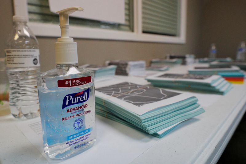 &copy; Reuters. FILE PHOTO: A bottle of Purell hand sanitizer sits next to campaign canvass packets at a field office for Democratic 2020 U.S. presidential candidate and U.S. Senator Elizabeth Warren (D-MA) in Graniteville, South Carolina, U.S., February 28, 2020.   REUT