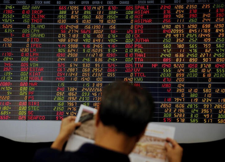 &copy; Reuters. Imagen de archivo de un hombre leyendo una revista frente a una pantalla con índices bursátiles en un banco de Bangkok, Tailandia. 17 octubre 2016. REUTERS/Edgar Su