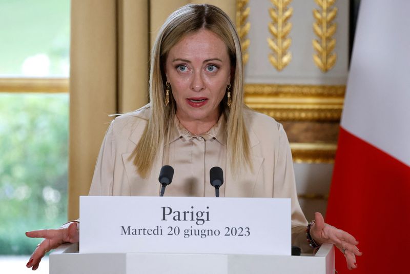 &copy; Reuters. FILE PHOTO: Italy's Prime Minister Giorgia Meloni delivers remarks after arriving for a meeting with France's President Emmanuel Macron at the Elysee Palace in Paris, France, on June 20, 2023. LUDOVIC MARIN/Pool via REUTERS