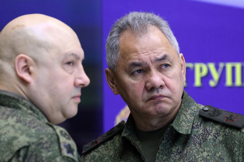 &copy; Reuters. FILE PHOTO: Russian Defence Minister Sergei Shoigu and General Sergei Surovikin, commander of Russian forces in Ukraine, visit the Joint Headquarters of the Russian armed forces involved in military operations in Ukraine, in an unknown location in Russia,