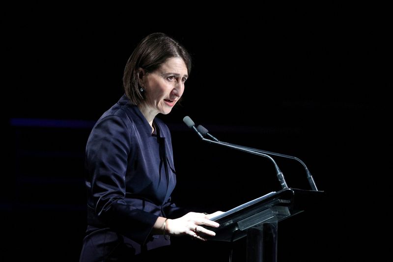 &copy; Reuters. FILE PHOTO: New South Wales Premier Gladys Berejiklian speaks during a state memorial honouring victims of the Australian bushfires at Qudos Bank Arena in Sydney, New South Wales, Australia, February 23, 2020.  REUTERS/Loren Elliott/File Photo