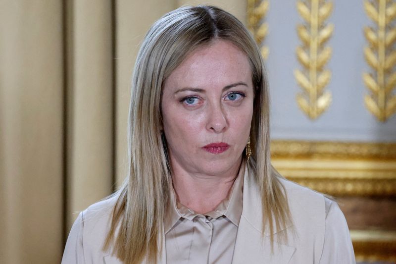 &copy; Reuters. FILE PHOTO: Italy's Prime Minister Giorgia Meloni delivers remarks after arriving for a meeting with France's President Emmanuel Macron at the Elysee Palace in Paris, France, on June 20, 2023. LUDOVIC MARIN/Pool via REUTERS/File Photo