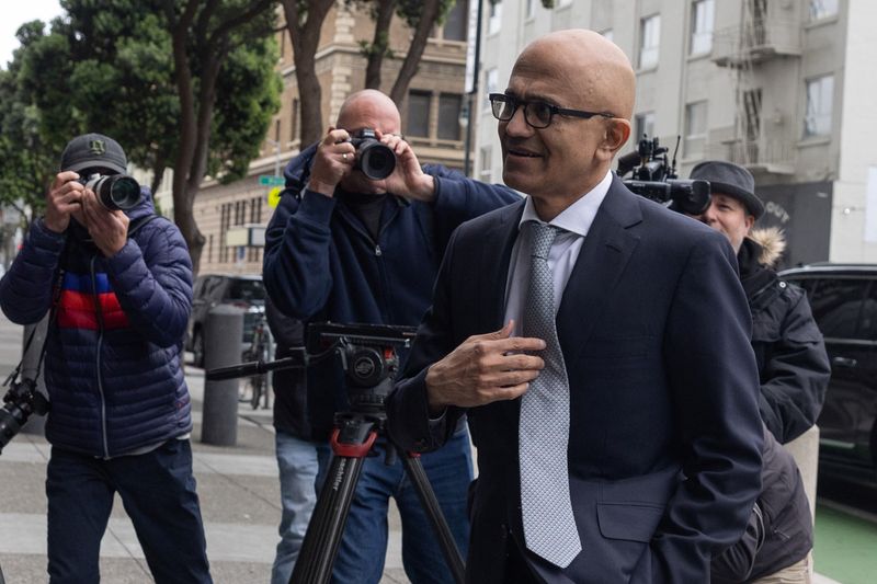 &copy; Reuters. Chief Executive Officer of Microsoft Corporation Satya Nadella arrives to testify at the northern district of California during a trial as U.S. Federal Trade Commission seeks to stop Microsoft deal to buy Activision Blizzard, in Downtown San Francisco, Ca