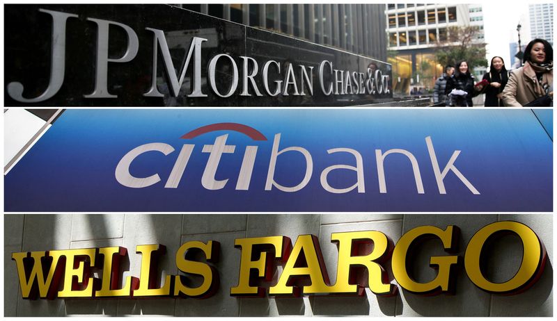&copy; Reuters. FILE PHOTO: Signs of JP Morgan Chase Bank, Citibank and Wells Fargo & Co. bank are seen in this combination photo from Reuters files.   REUTERS/File Photo