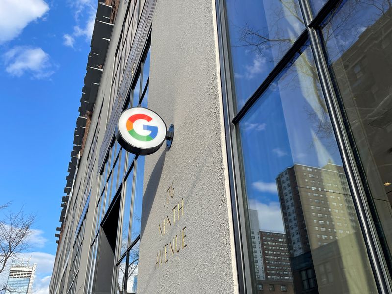 &copy; Reuters. FILE PHOTO: A Google logo is seen outside of the Google Store, where visitors can try phones and other products from the company, in New York City, New York, U.S., February 10, 2022. Picture taken February 10, 2022. REUTERS/Paresh Dave/File Photo