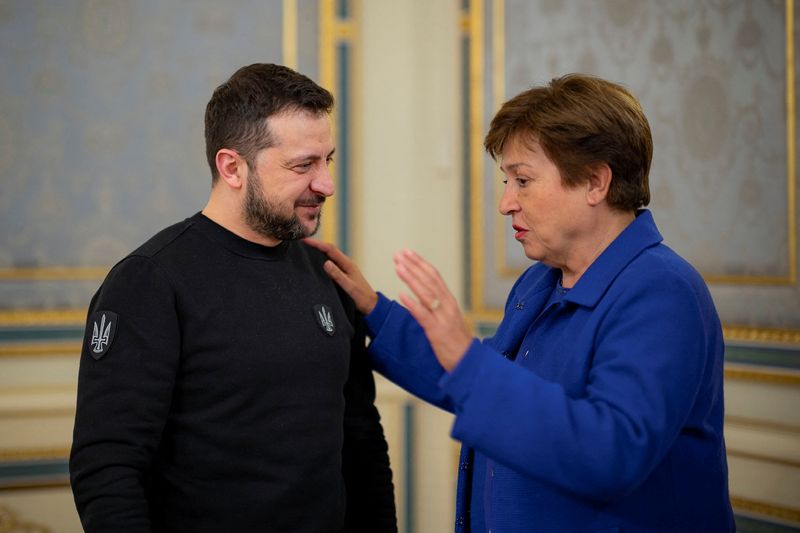 &copy; Reuters. Ukraine's President Volodymyr Zelenskiy welcomes International Monetary Fund Managing Director Kristalina Georgieva, amid Russia's attack on Ukraine, in Kyiv, Ukraine February 20, 2023. Ukrainian Presidential Press Service/Handout via REUTERS/File Photo