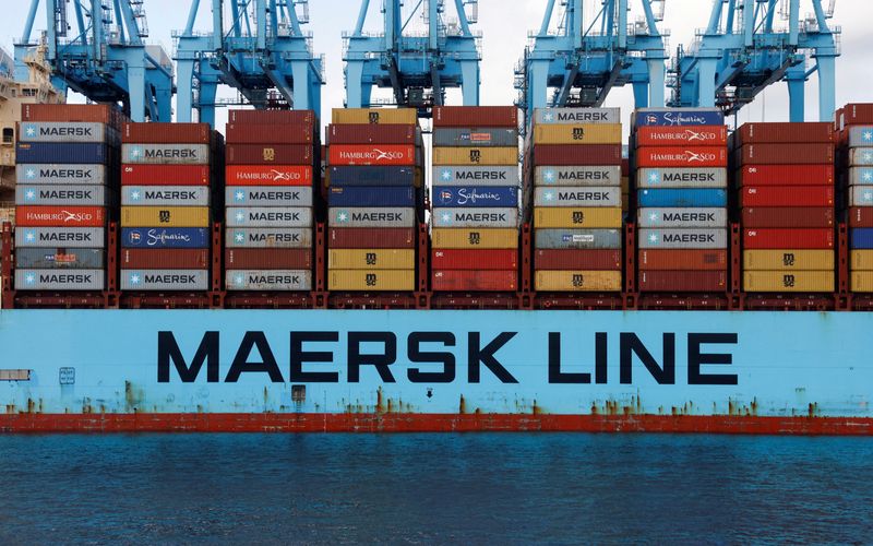 &copy; Reuters. FILE PHOTO: Containers are seen on the Maersk's Triple-E giant container ship Majestic Maersk, one of the world's largest container ships, next to cranes at the APM Terminals in the port of Algeciras, Spain January 20, 2023. REUTERS/Jon Nazca/File Photo