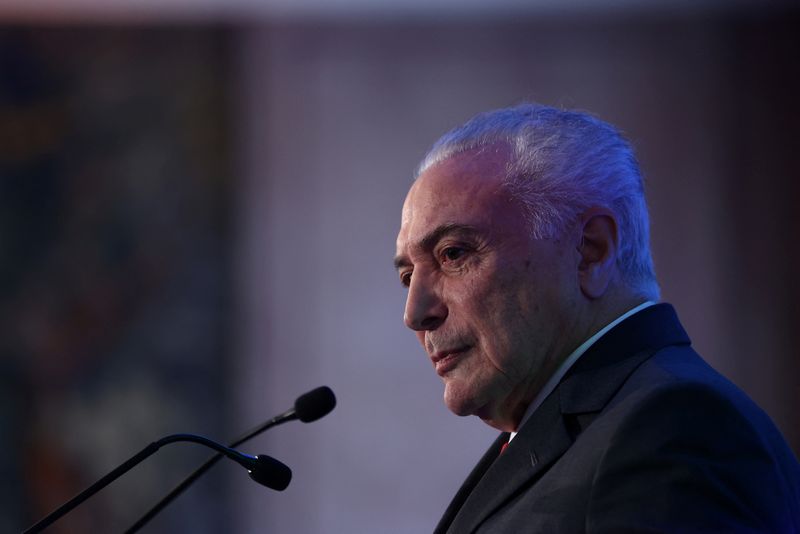 &copy; Reuters. FILE PHOTO: Former Brazil President Michel Temer speaks during a conference in Lisbon, Portugal, February 3, 2023. REUTERS/Rodrigo Antunes/File Photo
