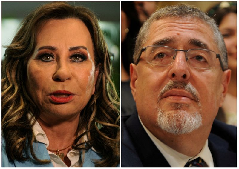 © Reuters. FILE PHOTO: A combination picture shows Presidential candidate for the National Unity of Hope (UNE) party Sandra Torres (L) speaking to the media at the computer centre following the first round of Guatemala's presidential election in Guatemala City, Guatemala, June 26, 2023, and Presidential candidate for the Semilla party Bernardo Arevalo (R) speaking with members of his party as he attends a press conference following the first round of Guatemala's presidential election in Guatemala City, Guatemala, June 25, 2023. REUTERS/Cristina Chiquin/File Photo