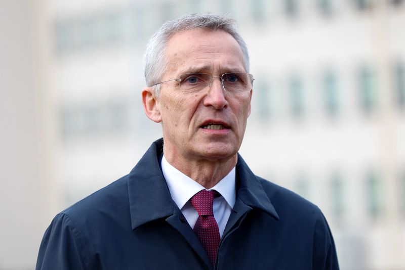 &copy; Reuters. FILE PHOTO: NATO Secretary-General Jens Stoltenberg speaks to the media as he visits Ramstein U.S. Air Base, Germany, April 21, 2023.  REUTERS/Heiko Becker