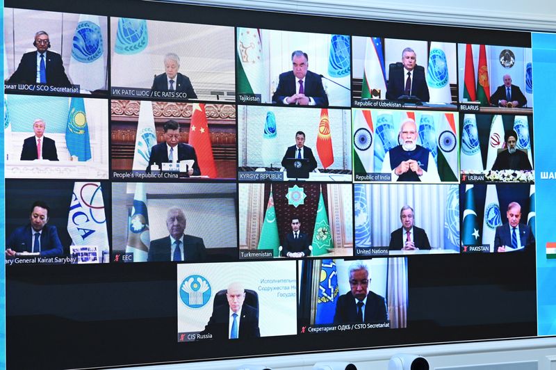 &copy; Reuters. Leaders of states and officials of the Shanghai Cooperation Organisation (SCO) are seen on a screen during a summit via a video conference at the Kremlin in Moscow, Russia, July 4, 2023. Sputnik/Alexander Kazakov/Kremlin via REUTERS 