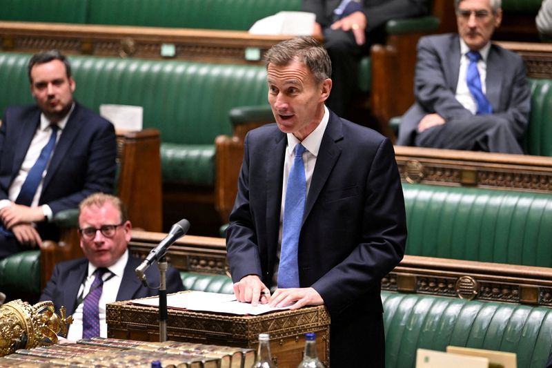 &copy; Reuters. FILE PHOTO: British Chancellor of the Exchequer Jeremy Hunt holds a Ministerial Statement at the House of Commons in London, Britain, June 26, 2023. UK Parliament/Jessica Taylor/Handout via REUTERS