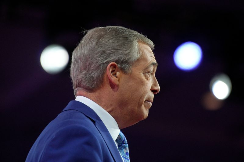 &copy; Reuters. FILE PHOTO: Nigel Farage, former leader of Britain's Brexit Party, speaks at the Conservative Political Action Conference (CPAC) at Gaylord National Convention Center in National Harbor, Maryland, U.S., March 3, 2023. REUTERS/Nathan Howard/File Photo