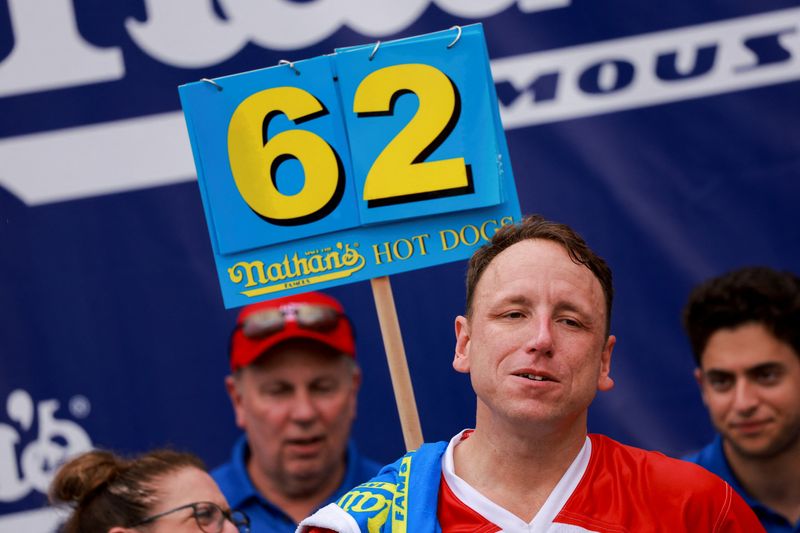 &copy; Reuters. World Champion Joey Chestnut looks on, on the day of 2023 Nathan's Famous Fourth of July International Hot Dog Eating Contest at Coney Island in New York City, U.S., July 4, 2023. REUTERS/Amr Alfiky