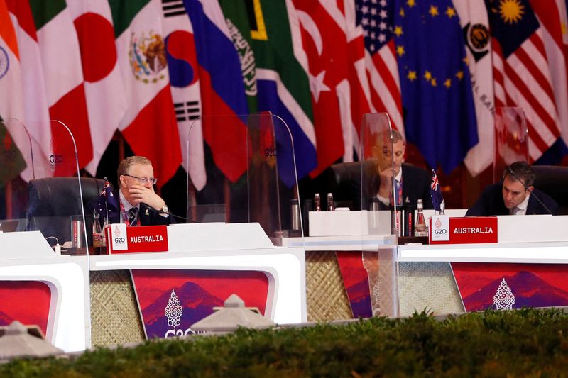 &copy; Reuters. Governor of the Reserve Bank of Australia (RBA) Philip Lowe and Australian Treasurer Jim Chalmers attend the G20 Finance Ministers and Central Bank Governors Meeting in Nusa Dua, Bali, Indonesia, 15 July 2022. Made Nagi/Pool via REUTERS