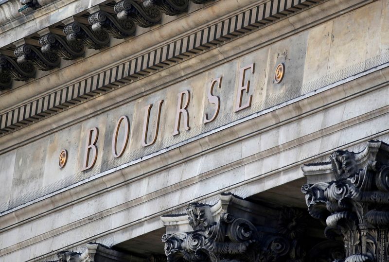&copy; Reuters. FILE PHOTO: The word Bourse is seen on the facade of the Palais Brongniart, former Paris Stock Exchange, located Place de la Bourse in Paris, France, August 6, 2018.  REUTERS/Regis Duvignau/File Photo