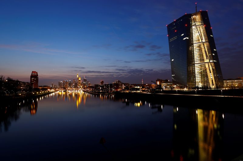 &copy; Reuters. FILE PHOTO: The headquarters of the European Central Bank (ECB) and the Frankfurt skyline with its financial district are photographed on early evening in Frankfurt, Germany, March 25, 2018.  REUTERS/Kai Pfaffenbach