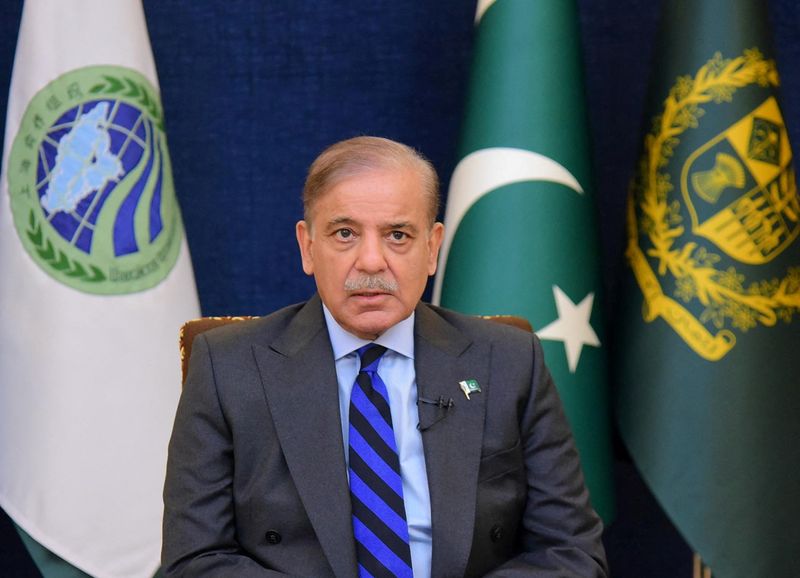 &copy; Reuters. Pakistan's Prime Minister Shehbaz Sharif, addresses the 23rd Shanghai Cooperation Organization (SCO) Summit, hosted virtually by India, in Islamabad, Pakistan July 4, 2023. Press Information Department (PID)/Handout via REUTERS