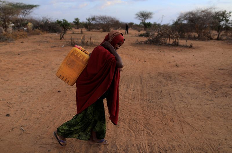 © Reuters. امرأة تحمل جالونا من المياه في منطقة حل بها الجفاف بالصومال في صورة من أرشيف رويترز.