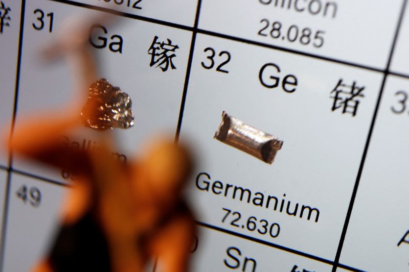 &copy; Reuters. A worker miniature is placed next to the element of Germanium on a periodic table, in this illustration picture taken on July 6, 2023. REUTERS/Florence Lo/Illustration