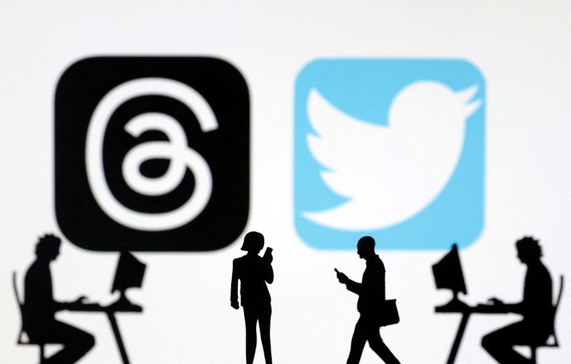 &copy; Reuters. Illustration des logos de l'application Meta Threads et Twitter. /Illustration diffusée le 6 juillet 2023/REUTERS/Dado Ruvic