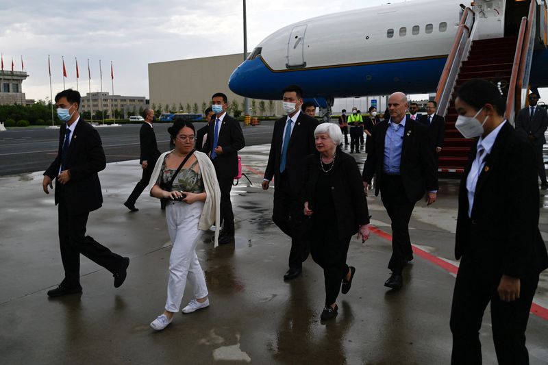 &copy; Reuters. U.S. Treasury Secretary Janet Yellen arrives at Beijing Capital International Airport in Beijing, China on July 6, 2023.    Pedro Pardo/Pool via REUTERS