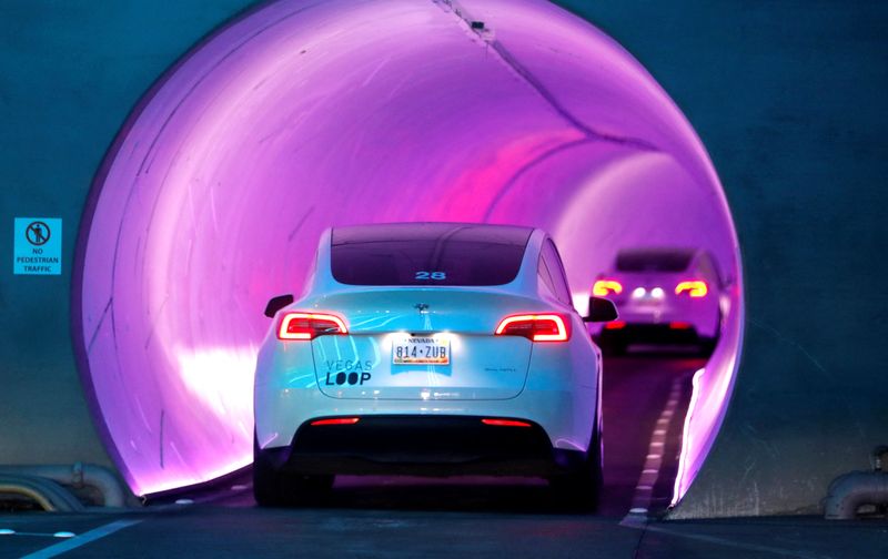 &copy; Reuters. FILE PHOTO: Tesla Model Y electric cars ferry CES attendees to convention halls in underground tunnels called the Vegas Loop during CES 2023, an annual consumer electronics trade show, in Las Vegas, Nevada, U.S. January 6, 2023.  REUTERS/Steve Marcus/File