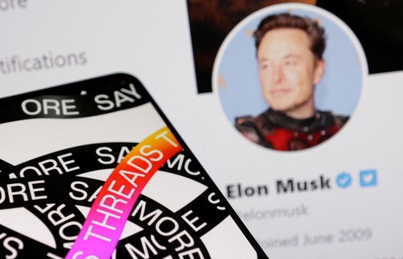 &copy; Reuters. Meta Threads app logo and Elon Musk Twitter account are seen in this illustration taken, July 7, 2023. REUTERS/Dado Ruvic/Illustration