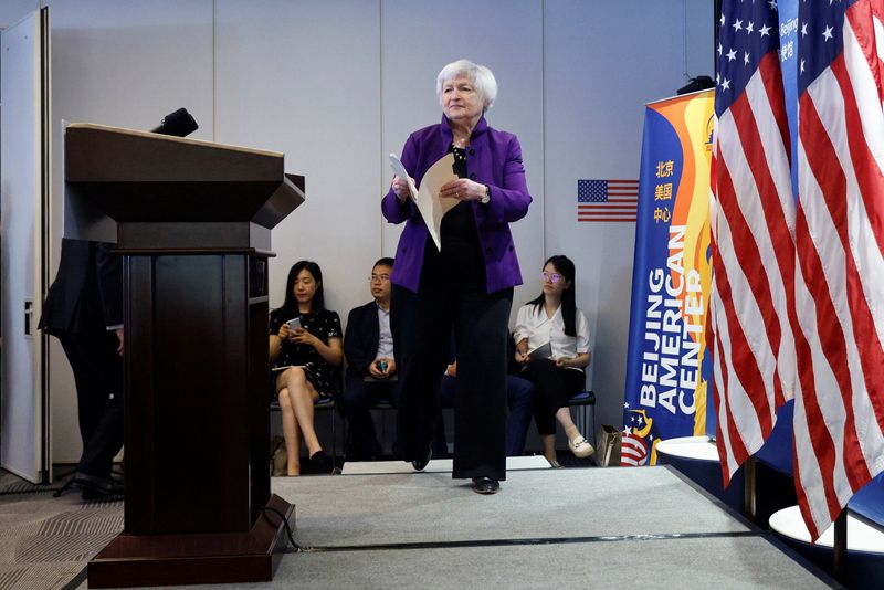 © Reuters. U.S. Treasury Secretary Janet Yellen attends a press conference at the U.S. embassy in Beijing, China, July 9, 2023. REUTERS/Thomas Peter
