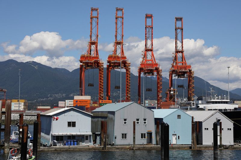 &copy; Reuters. FILE PHOTO: Shipping cranes lie idle after longshoremen with the International Longshore and Warehouse Union Canada (ILWU) went on strike at Canada's busiest port in Vancouver, British Columbia, Canada July 1, 2023.  REUTERS/Chris Helgren/File Photo