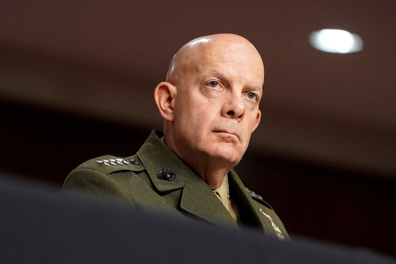 &copy; Reuters. FILE PHOTO: Commandant of the Marine Corps Gen. David H. Berger testifies to the Senate Armed Services Committee about the Department of the Navy review of the Defense Authorization Request for Fiscal Year 2022 on Capitol Hill in Washington, U.S., June 22