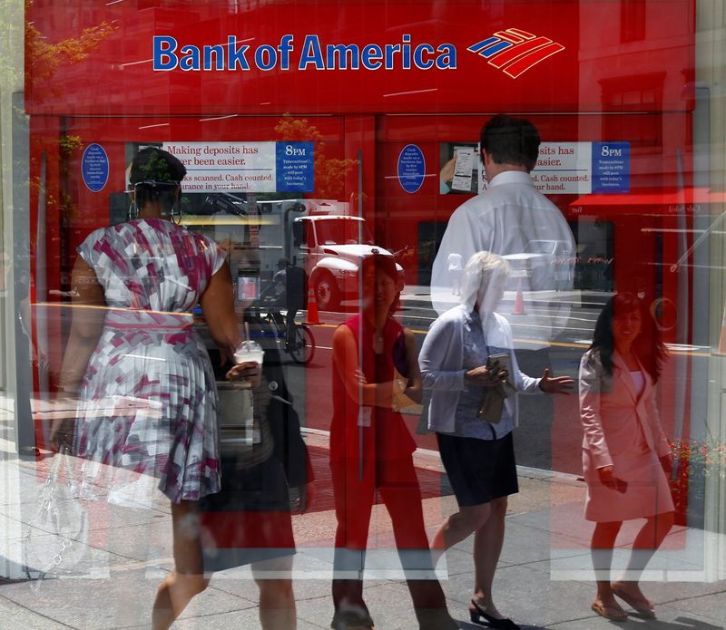 &copy; Reuters. FILE PHOTO: Pedestrians are reflected in the window as customers conduct transactions at a Bank of America ATM in Washington July 19, 2011.   REUTERS/Kevin Lamarque/File Photo