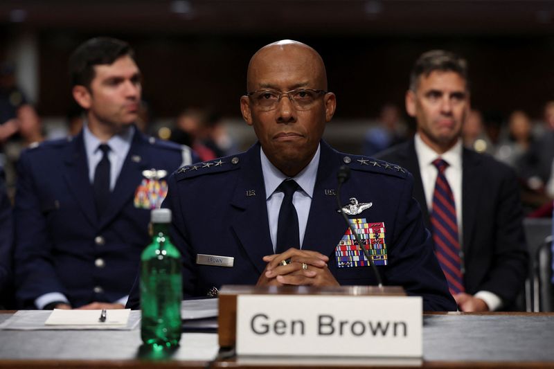 &copy; Reuters. U.S. Air Force General Charles Brown Jr. attends a U.S. Senate Armed Services Committee hearing on his nomination to be chairman of the Joint Chiefs of Staff, on Capitol Hill in Washington, U.S., July 11, 2023. REUTERS/Kevin Wurm/File Photo