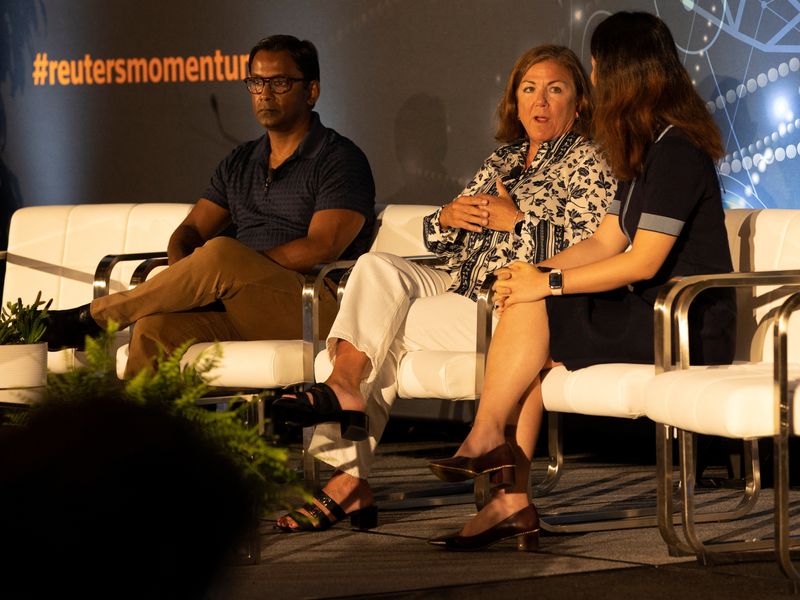 © Reuters. Jai Das of Sapphire Ventures, Tamara Steffens of Thomson Reuters Ventures and Krystal of Reuters take part in a panel discussion during the Reuters MOMENTUM event, held to discuss the development and use of Artificial Intelligence (AI), in Austin, Texas, U.S. July 11, 2023.  REUTERS/Nuri Vallbona