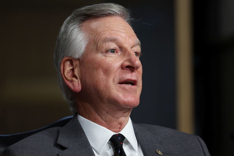 &copy; Reuters. U.S. Senator Tommy Tuberville (R-AL) questions U.S. General Charles Brown Jr. during a U.S. Senate Armed Services Committee hearing on Brown's nomination to be chairman of the Joint Chiefs of Staff, on Capitol Hill in Washington, U.S., July 11, 2023. REUT