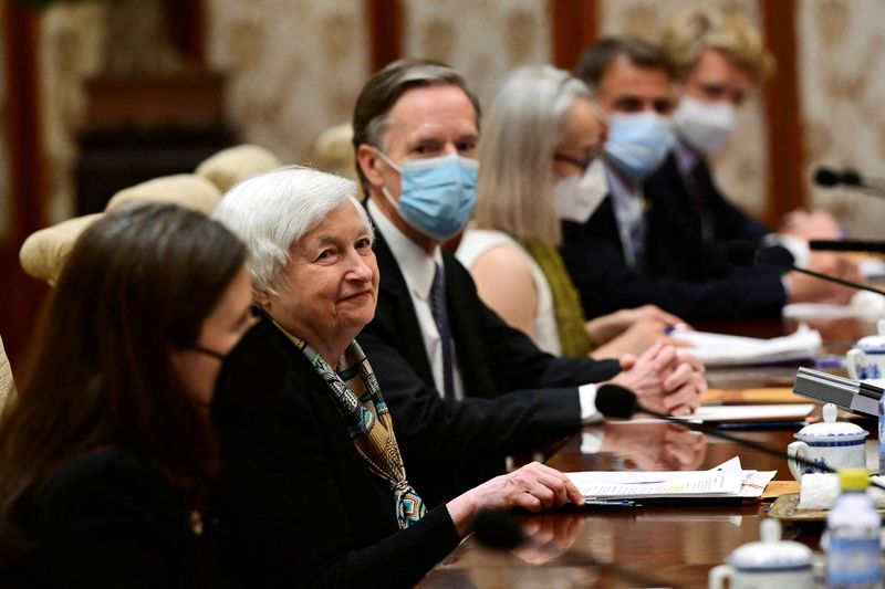 &copy; Reuters. FILE PHOTO: US Treasury Secretary Janet Yellen speaks during her meeting with China's Vice Premier He Lifeng (out of frame) at the Diaoyutai State Guesthouse in Beijing on July 8, 2023.    Pedro PARDO/Pool via REUTERS/File Photo