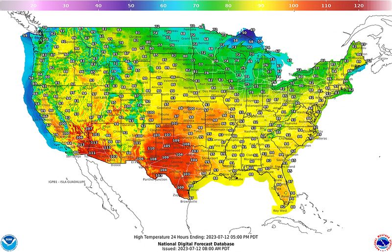 &copy; Reuters. The highest temperatures (in Fahrenheit) forecast across the United States in a 24 hour period is seen in a graphic from the National Weather Service (NWS) July 12, 2023.  NWS/Handout via REUTERS 